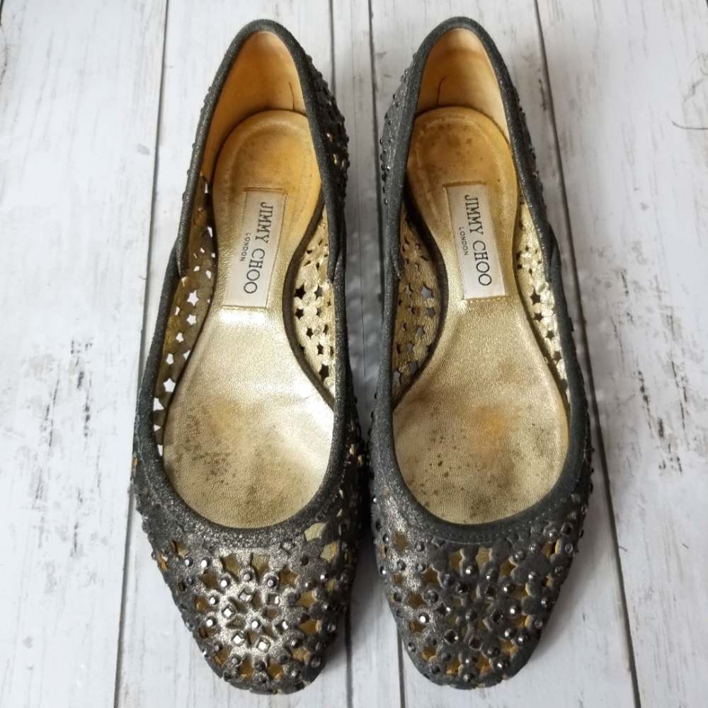 Jimmy Choo Leather Perforated Jeweled Flats